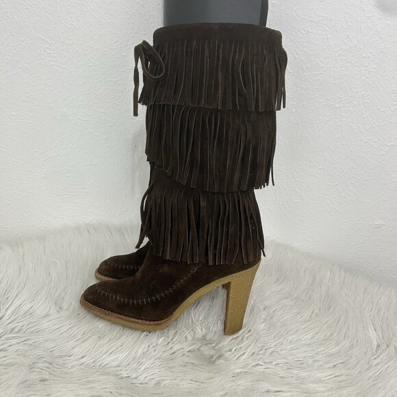 MICHAEL KORS Suede Boots Fringe 6.5 M Brown High Heel Almond Toe Boho Festival - Picture 1 of 13